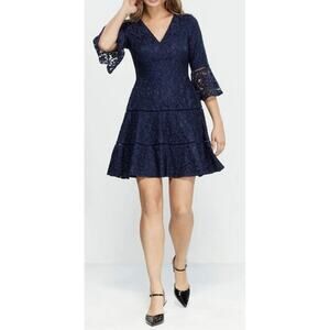 Eliza J Dress Women’s Size 6 Navy Blue Lace Bell Sleeve A Line Mini Evening Wear